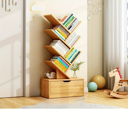 TreeShelf - Vertikale Holzregal mit schrägen Regalen für das Wohnzimmer, freistehendes Design