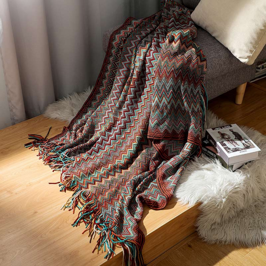 Multicolor Zickzack Quasten Strickdecke