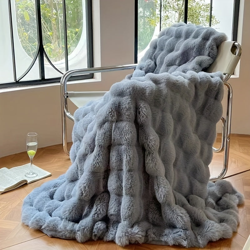 1 Stück Faux Kaninchenfell Bubbelfleece Decke - Luxuriöse weiche Sofa Decke, dicke warme Fleece Decke für Nickerchen und Klimaanlage