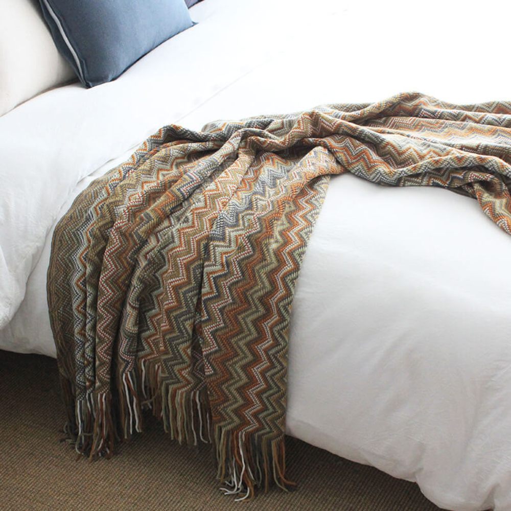Multicolor Zickzack Quasten Strickdecke
