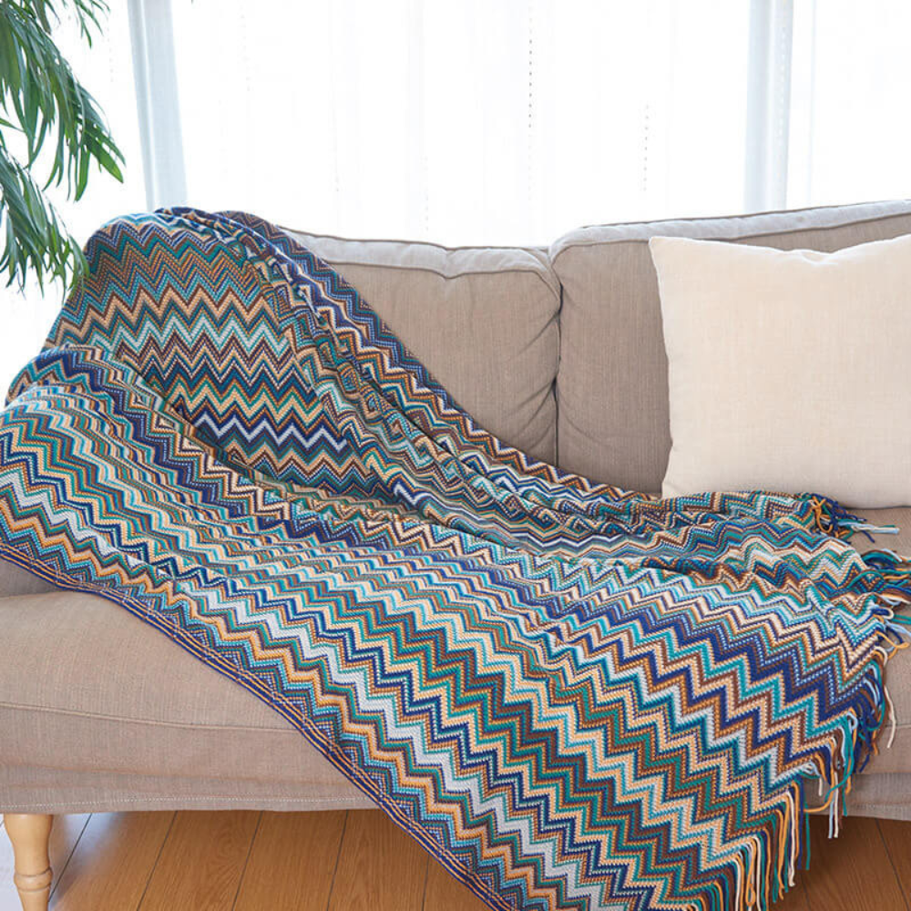 Multicolor Zickzack Quasten Strickdecke
