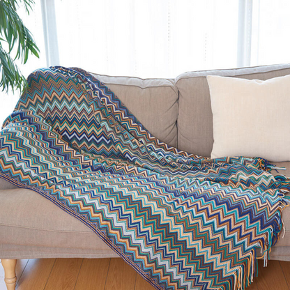 Multicolor Zickzack Quasten Strickdecke