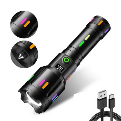 Hochleistungs-LED-Taschenlampe mit Leistungsanzeige – Wiederaufladbare Taschenlampe mit Glasbrecher & USB-C-Ladung