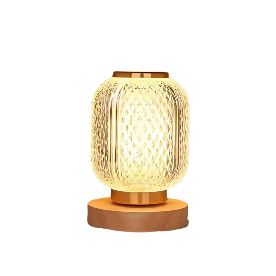 Garduru - Stilvolle Tischlampe mit transparentem Glas & Holzfuß
