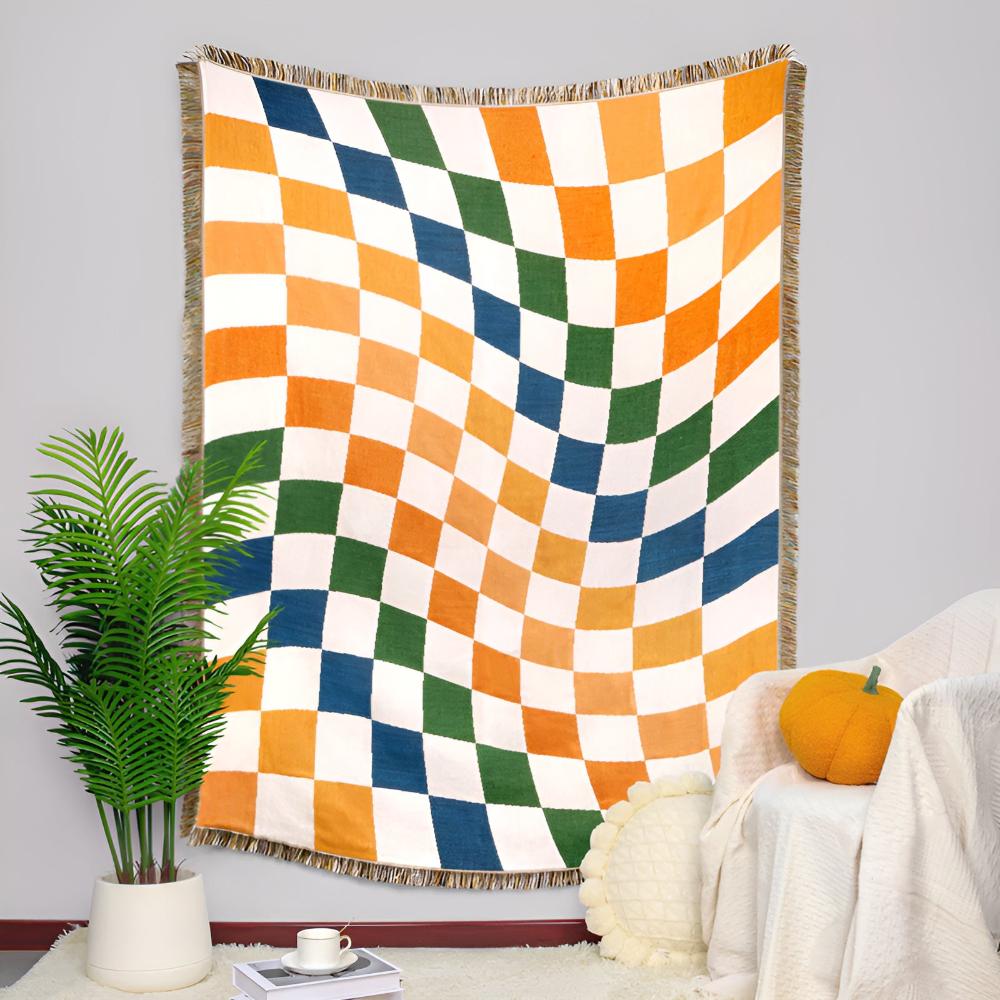Buntes Schachbrett-Fransen-Decke