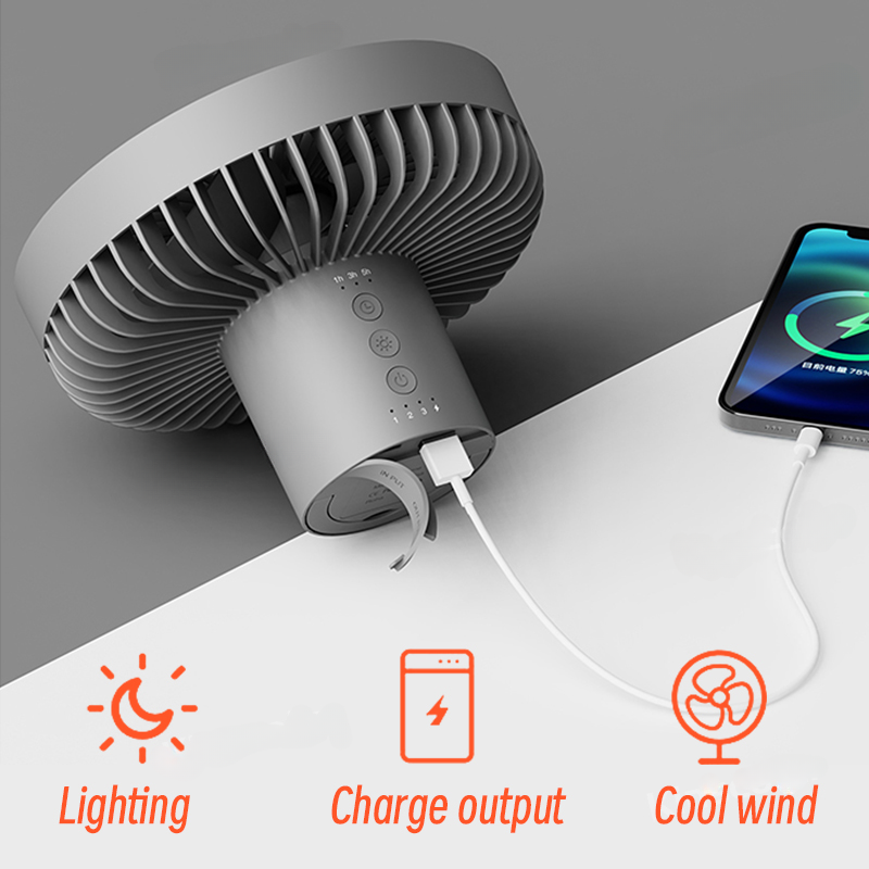 Tragbarer wiederaufladbarer Ventilator mit LED und integriertem Powerbank