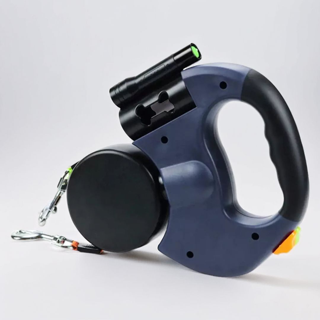 Duale rückziehbare Hundeleine mit Taschenlampe und Abfallbeutelhalter