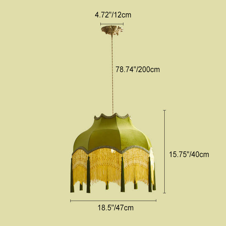 Garduru Französische Pendelleuchte | Stofflampenschirm mit Fransen | 1-flammig | Vintage Messing-Design für Esszimmer & Wohnzimmer