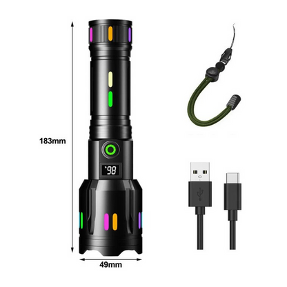 Hochleistungs-LED-Taschenlampe mit Leistungsanzeige – Wiederaufladbare Taschenlampe mit Glasbrecher & USB-C-Ladung