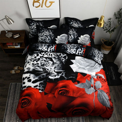 3D Jacquard Bettbezug 220x240 cm – Schwarzer Leopard & Rose Design – Mikrofaserstoff