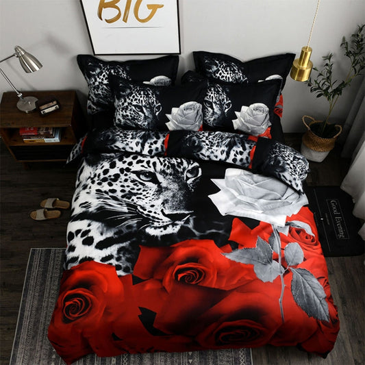 3D Jacquard Bettbezug 220x240 cm – Schwarzer Leopard & Rose Design – Mikrofaserstoff