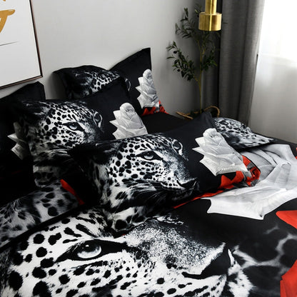 3D Jacquard Bettbezug 220x240 cm – Schwarzer Leopard & Rose Design – Mikrofaserstoff