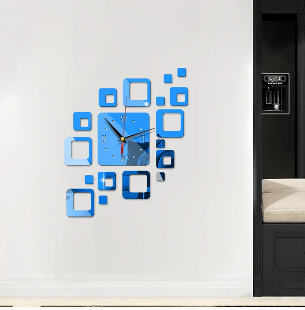 3D Spiegel Wanduhr Blau – Kreatives Design – Acryl & Quadratisch