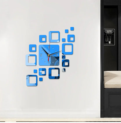 3D Spiegel Wanduhr Blau – Kreatives Design – Acryl & Quadratisch