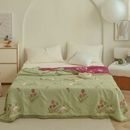 Bestickte Hase Blumige Baumwolldecke