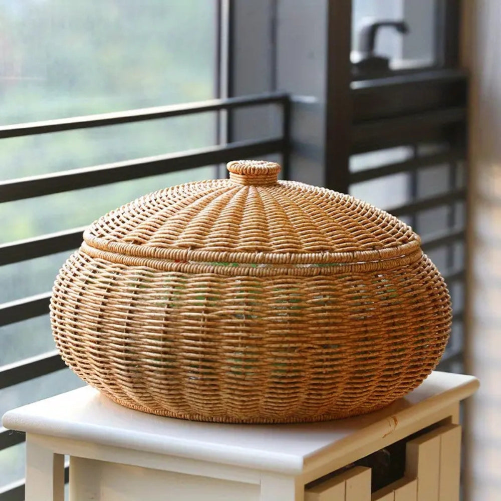 Dome-förmiger gestrickter Rattankorb mit Deckel
