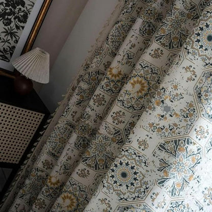 Boho Vorhang mit Floral Muster und Fransen – Transparente Polyester Fensterdekoration für Schlafzimmer und Wohnzimmer