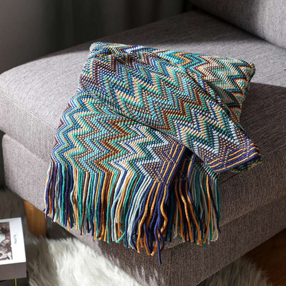 Multicolor Zickzack Quasten Strickdecke