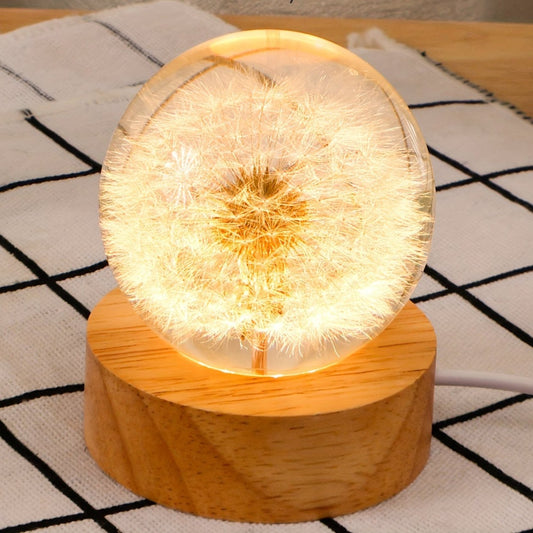 Kristallkugel Lampe - Löwenzahn LED Nachtlicht mit Holzsockel, USB betrieben
