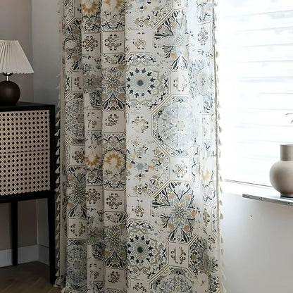 Boho Vorhang mit Floral Muster und Fransen – Transparente Polyester Fensterdekoration für Schlafzimmer und Wohnzimmer
