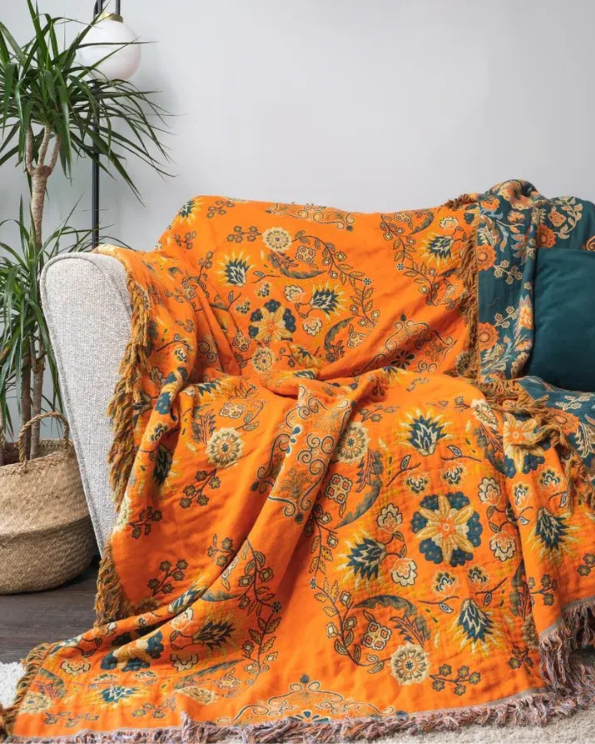 Soleil – Luxuriöse Baumwolldecke mit warmem Ringelblumenfarbton und Boho-Charme