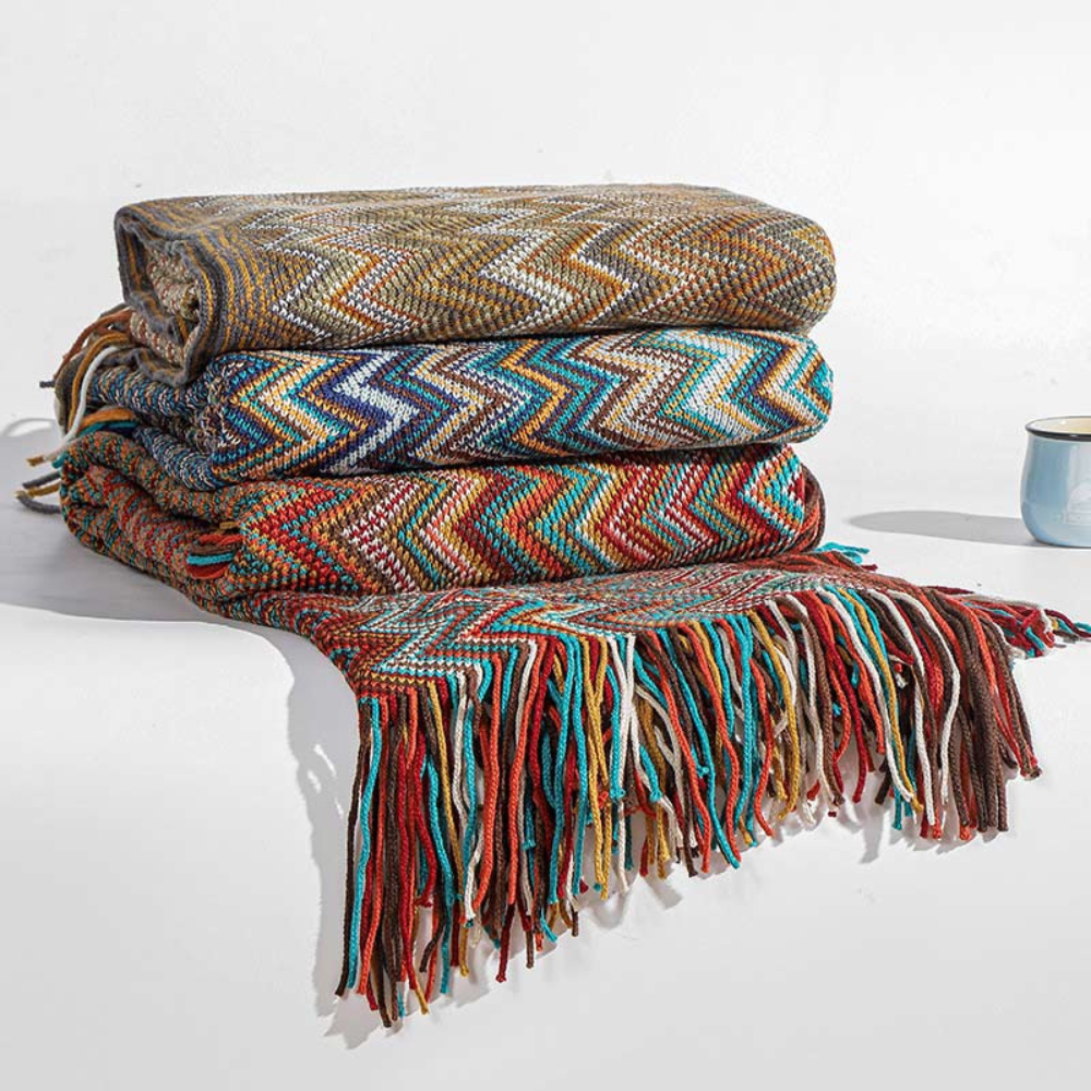 Multicolor Zickzack Quasten Strickdecke