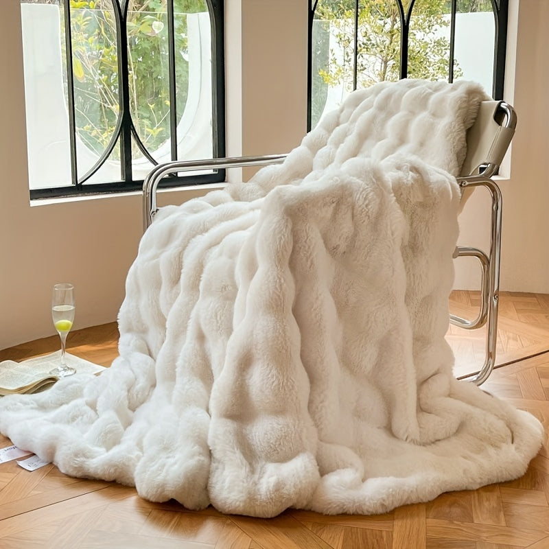 1 Stück Faux Kaninchenfell Bubbelfleece Decke - Luxuriöse weiche Sofa Decke, dicke warme Fleece Decke für Nickerchen und Klimaanlage