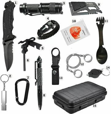 15-teiliger Überlebens-Notfall-Kit – Komplettes Outdoor-Abenteuer-Werkzeugsatz