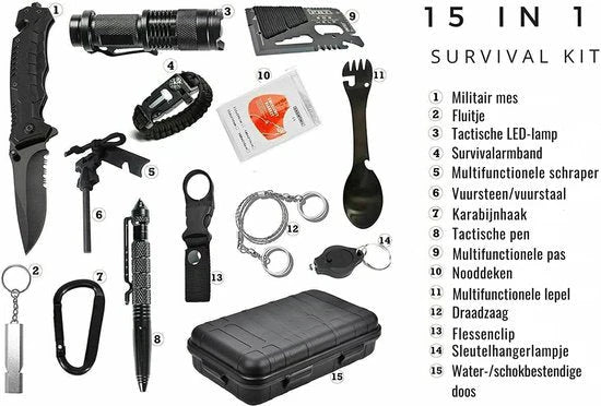 15-teiliger Überlebens-Notfall-Kit – Komplettes Outdoor-Abenteuer-Werkzeugsatz