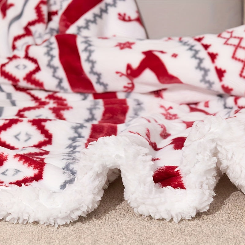 Weihnachts-Sherpa-Decke - Weiche Plüsch-Fleece-Decke mit Rentier- und Schneeflockenmuster