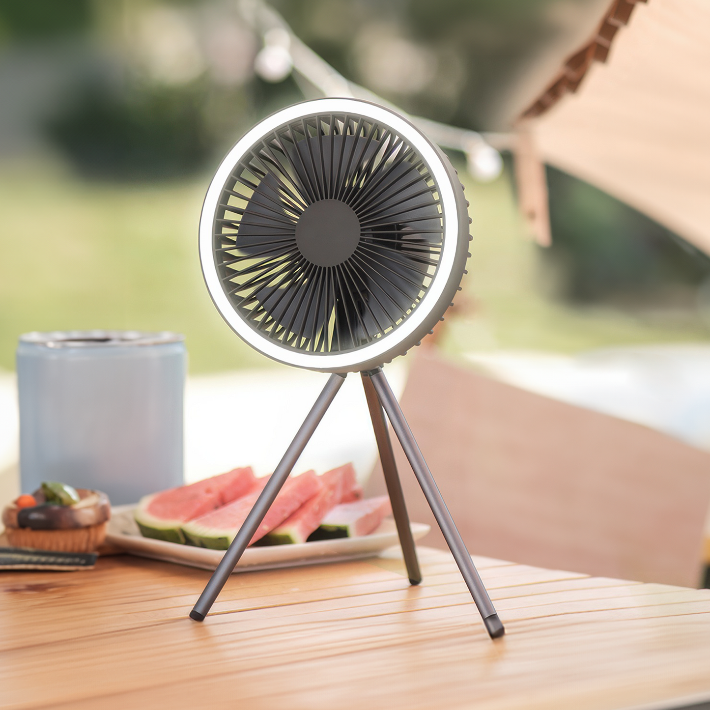 Tragbarer wiederaufladbarer Ventilator mit LED und integriertem Powerbank