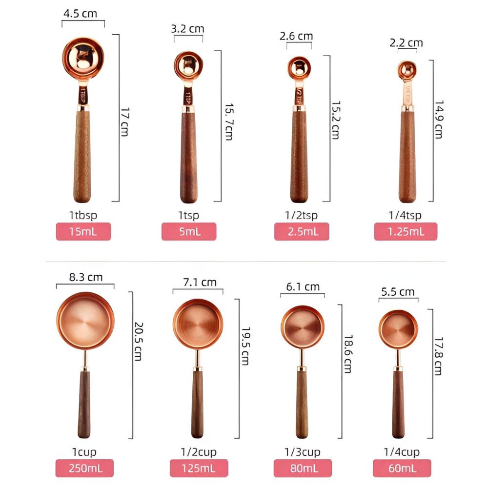 CopperLuxe – Stilvolle Edelstahlmessbecher & -löffel mit Holzgriff