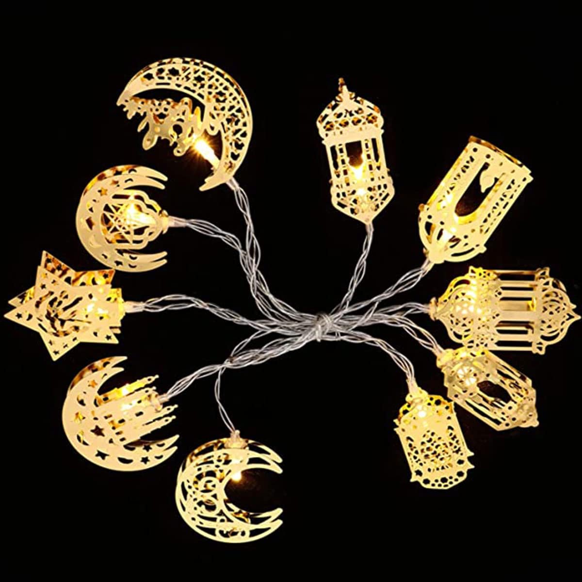 Bunte LED Lichterkette – Dekorative Lichter mit Mond- und Laternenmotiven für Wohnung und Garten