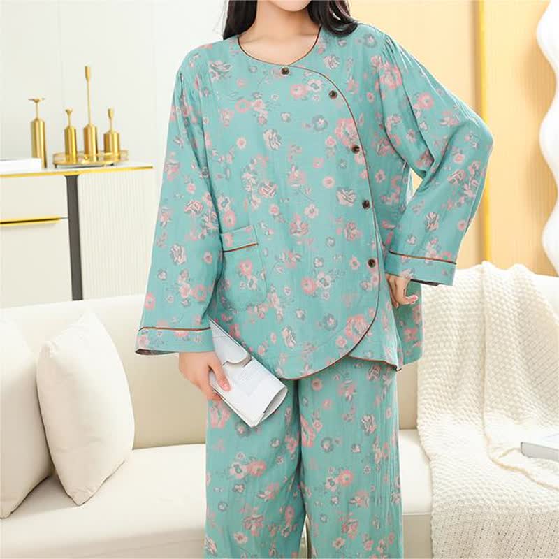 Pyjama-Set aus reiner Baumwolle mit Rundhalsausschnitt und Blumenmuster