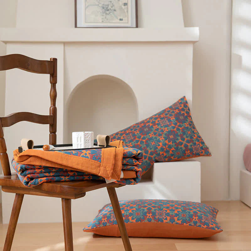 Sechslagige Baumwolldecke mit Orange-Blauem Muster