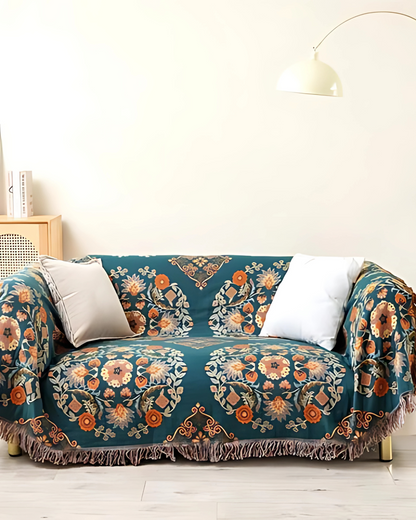 Soleil – Luxuriöse Baumwolldecke mit warmem Ringelblumenfarbton und Boho-Charme