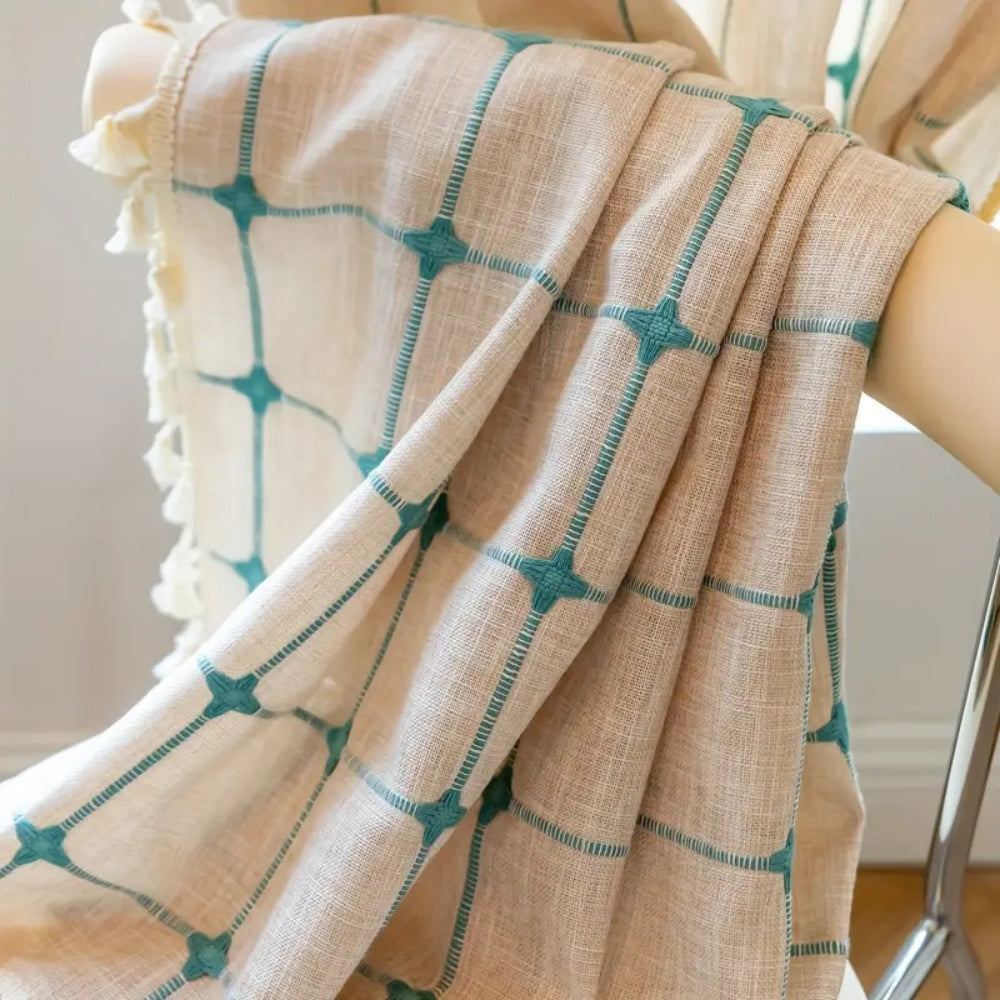 Türkise Gitter Boho Quasten Vorhang