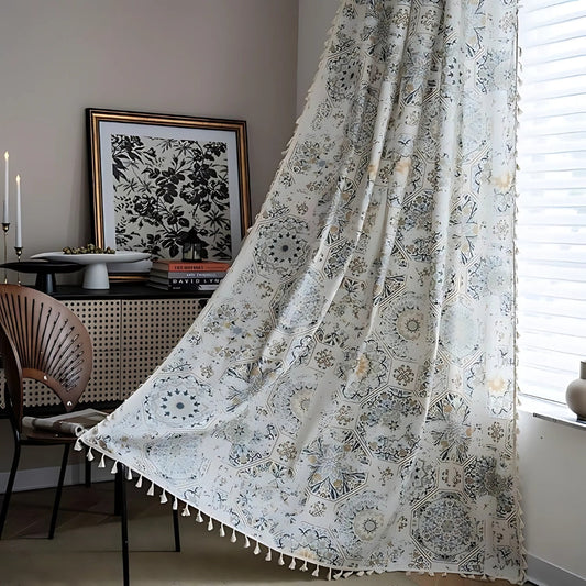 Boho Vorhang mit Floral Muster und Fransen – Transparente Polyester Fensterdekoration für Schlafzimmer und Wohnzimmer