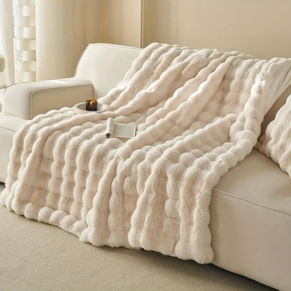 1 Stück Faux Kaninchenfell Bubbelfleece Decke - Luxuriöse weiche Sofa Decke, dicke warme Fleece Decke für Nickerchen und Klimaanlage