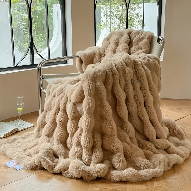 1 Stück Faux Kaninchenfell Bubbelfleece Decke - Luxuriöse weiche Sofa Decke, dicke warme Fleece Decke für Nickerchen und Klimaanlage