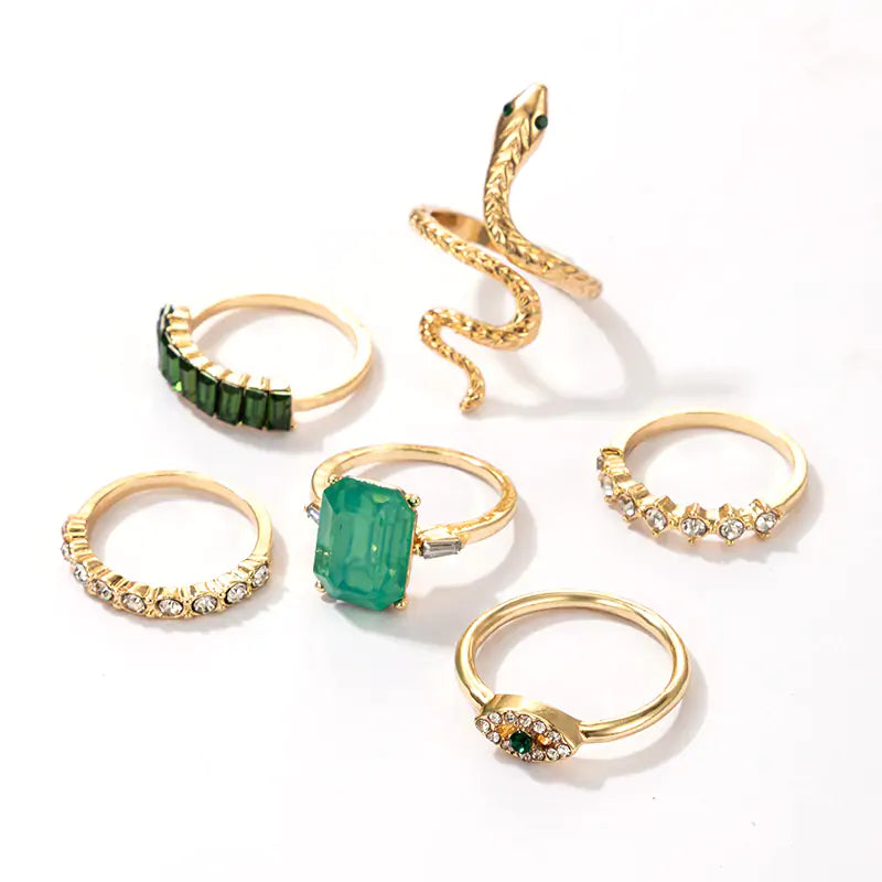 Vintage Ring Set – Grüne Strasssteine mit Schlangenmotiv – Elegante Statement-Ringe