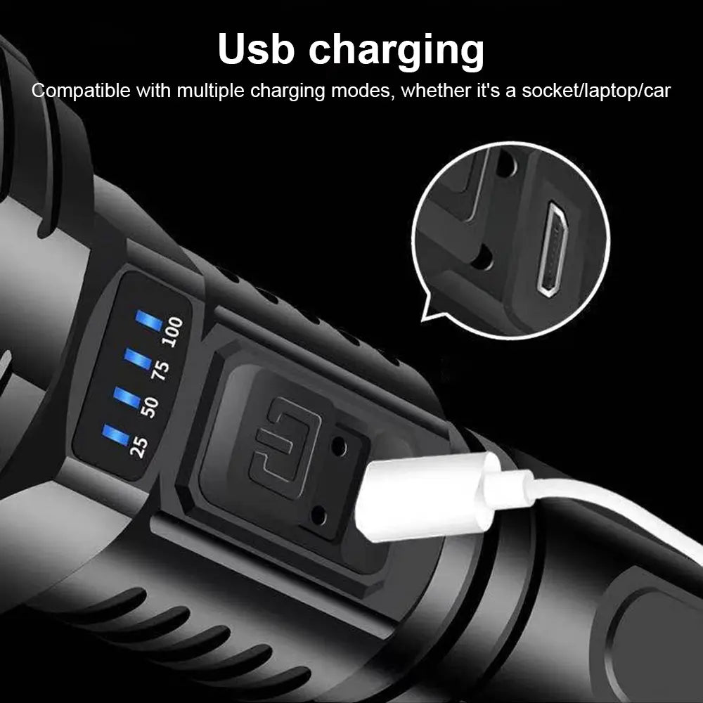 90000LM LED Taschenlampe – Taktischer Suchscheinwerfer mit USB-Aufladung und Superheller Beleuchtung