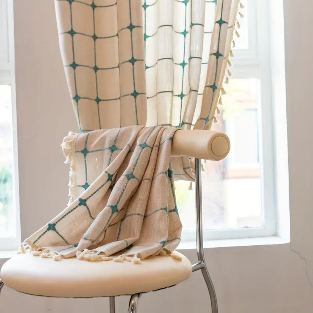 Türkise Gitter Boho Quasten Vorhang