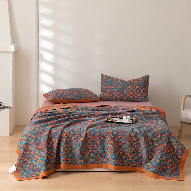 Sechslagige Baumwolldecke mit Orange-Blauem Muster