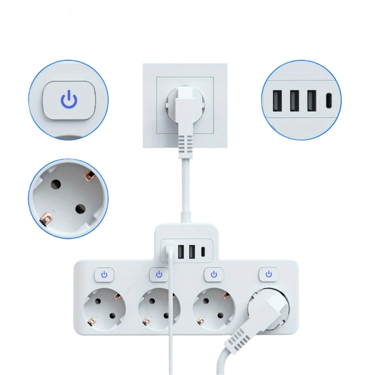 PowerHub Adapter | Effiziente Stromlösung mit 4 Steckdosen und USB-Ports