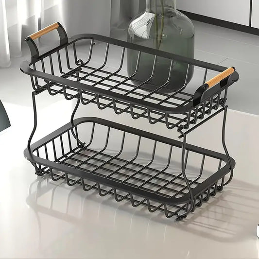2-stufiger Obstorganisator aus nachhaltigem Metall mit Holzgriffen – modernes minimalistisches Design für die Küchenaufbewahrung