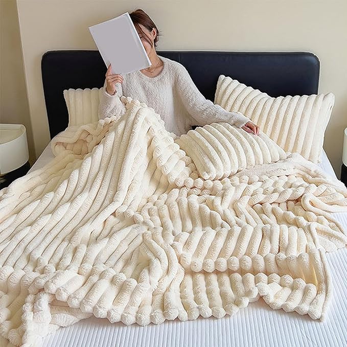 Luxuriöse Fleece-Hase Pelz Wurfdecke + 2 Kissenbezüge