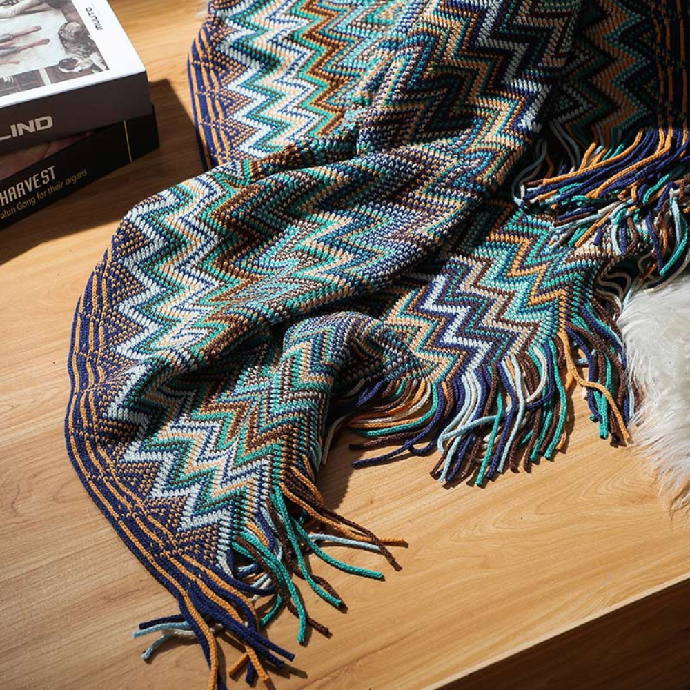 Multicolor Zickzack Quasten Strickdecke