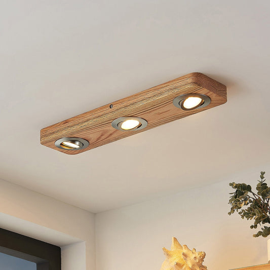 Deckenleuchte mit Holzrahmen und LED-Spots