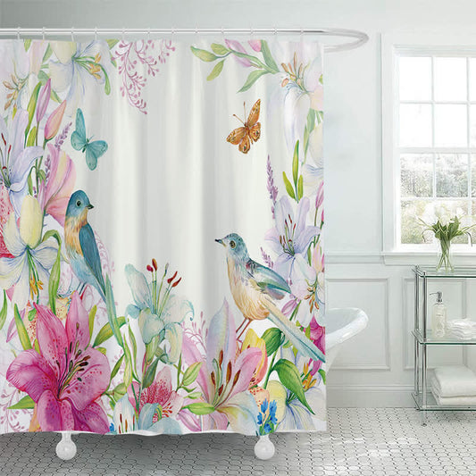 Wasserfester Duschvorhang mit Chinoiserie-Motiv „Vogel und Blume“